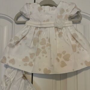 Mayoral White and Tan Heart Patterned dress with matching bloomers